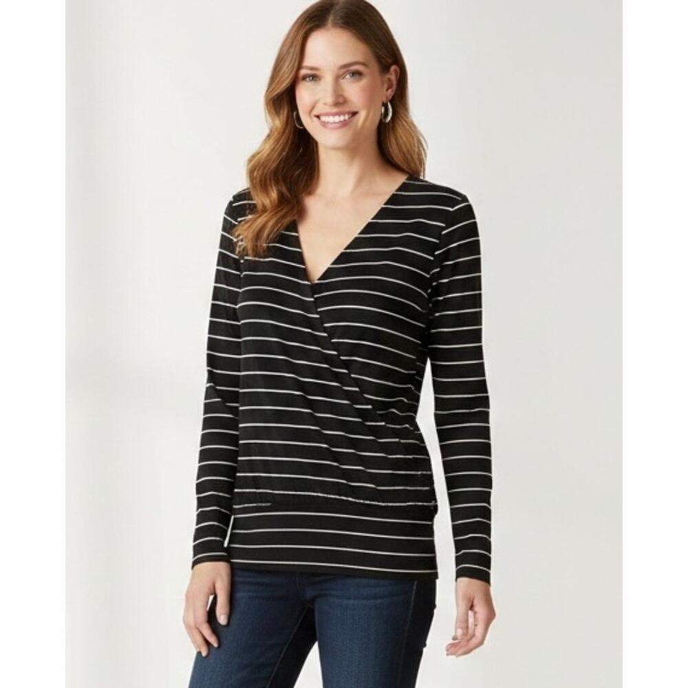 Garnet Hill Blouson Surplice Faux Wrap Blouse Top XL Black Stripe Minimalist